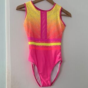 DARCY Vibrant Pink and Yellow Leotard with Rhinestones